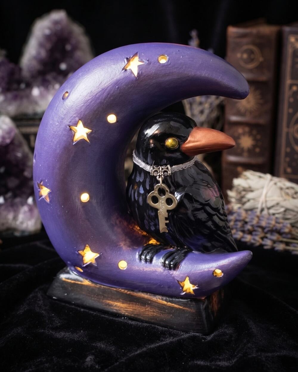 Hand-Painted Illuminated Raven on Crescent Moon – Gothic Celestial Night Light
